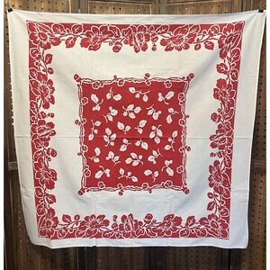 Vintage Cotton Linen Tablecloth Red  Floral  44x44 Cottagecore Kitsch Retro